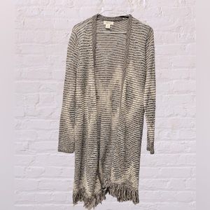 Style & Co Jacquard Fringe Aztec geo long knit open front  Cardigan XS neutral